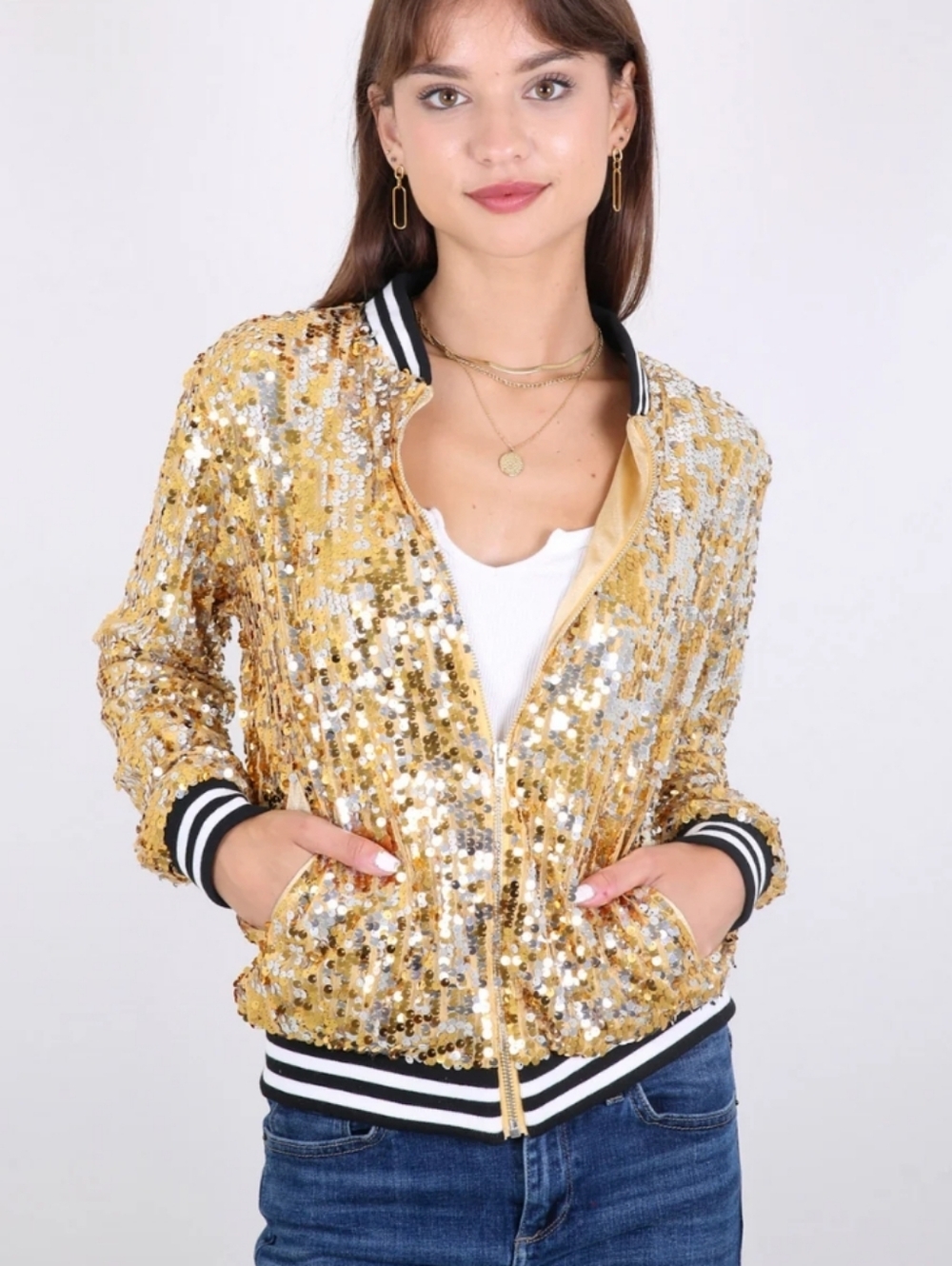 Anna-Kaci Sequin Jacket Sparkle  Blazer Bomber NWT Large